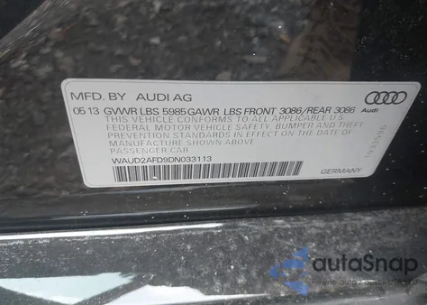 2013 Audi S8 4.0T z USA, uszkodzony, nr VIN WAUD2AFD9DN033113